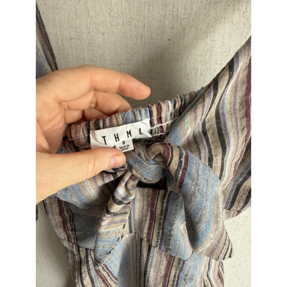 THML Anthropologie Womens Blue Striped Tie Front Midi Dress Smocked Back Small - Picture 4 of 6